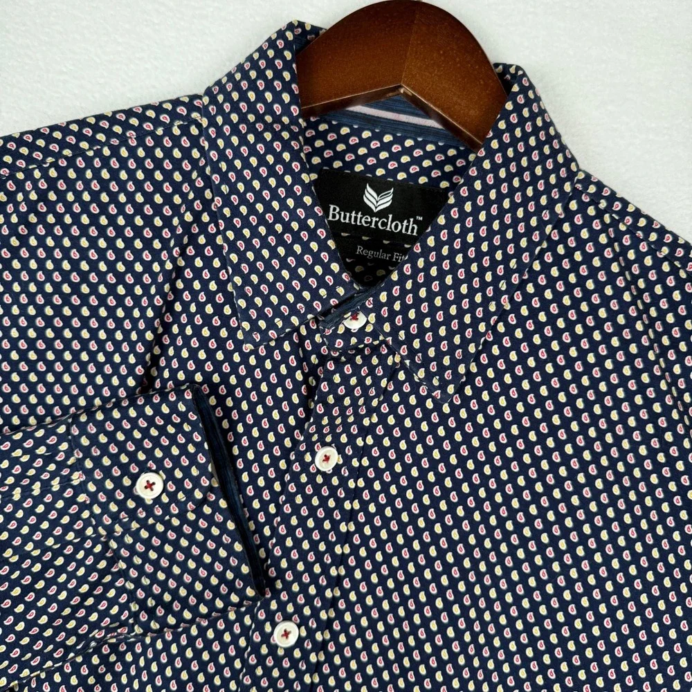 Buttercloth Mens L Navy Blue Paisley Print AOP Long Sleeve Button‎ Up Shirt